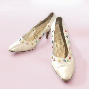 Vintage White Leather Pumps with Pastel Color Dot Decoration, Saks Fifth Avenue,